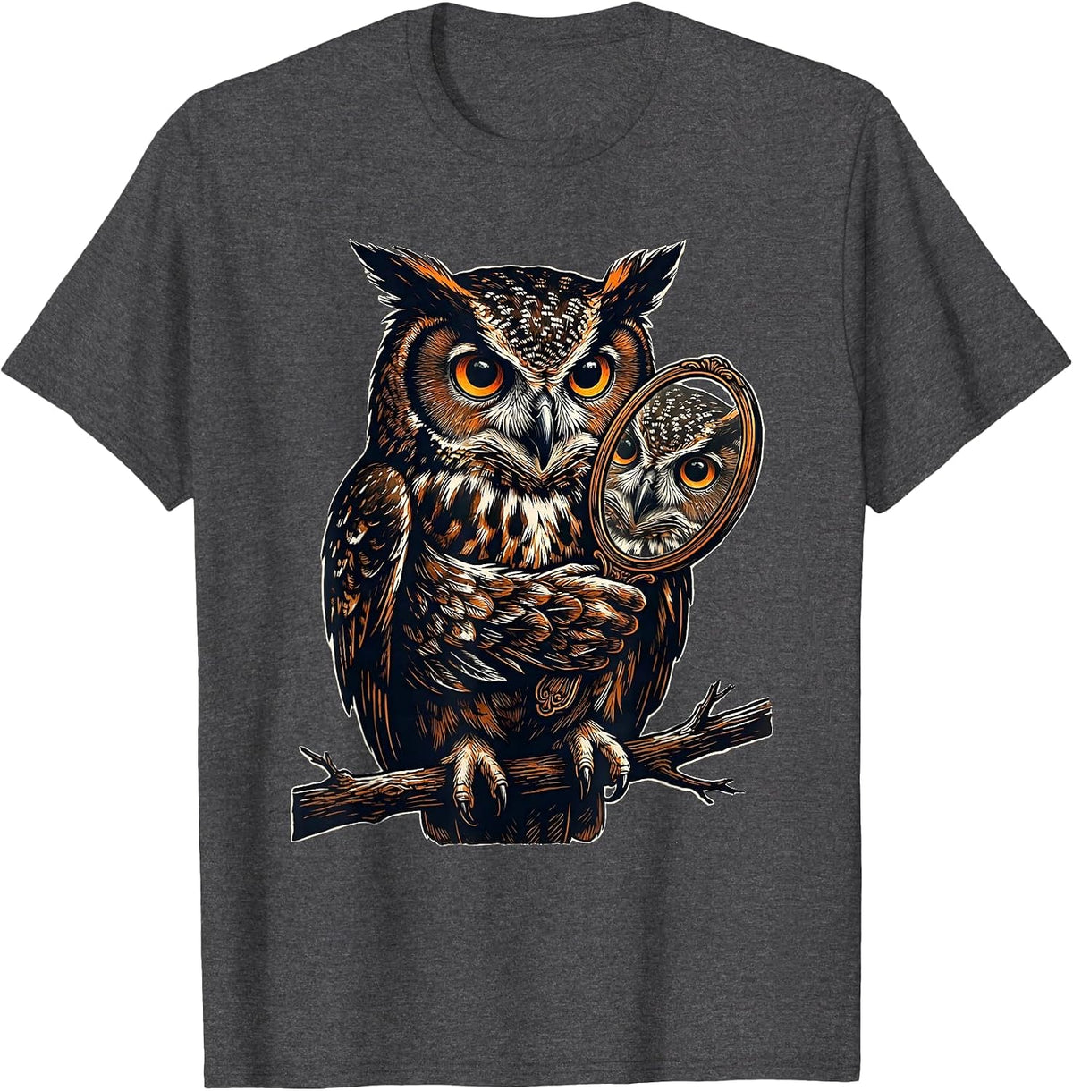 Owl Mirror Linocut Retro Nature Lover Gift T-Shirt - Dark Heather Grey