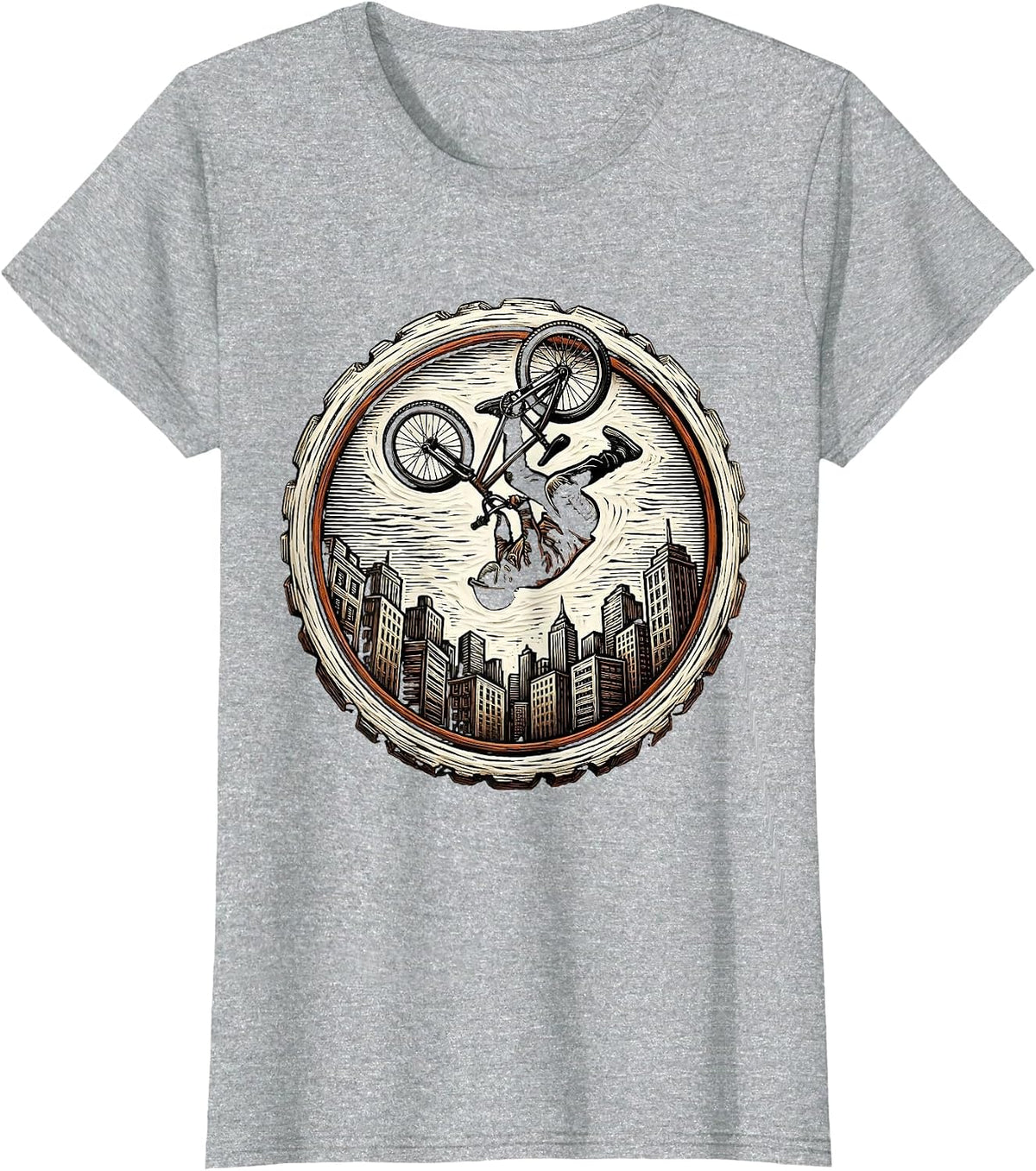 BMX Backflip City Skyline Graphic Tee T-Shirt - Heather Grey