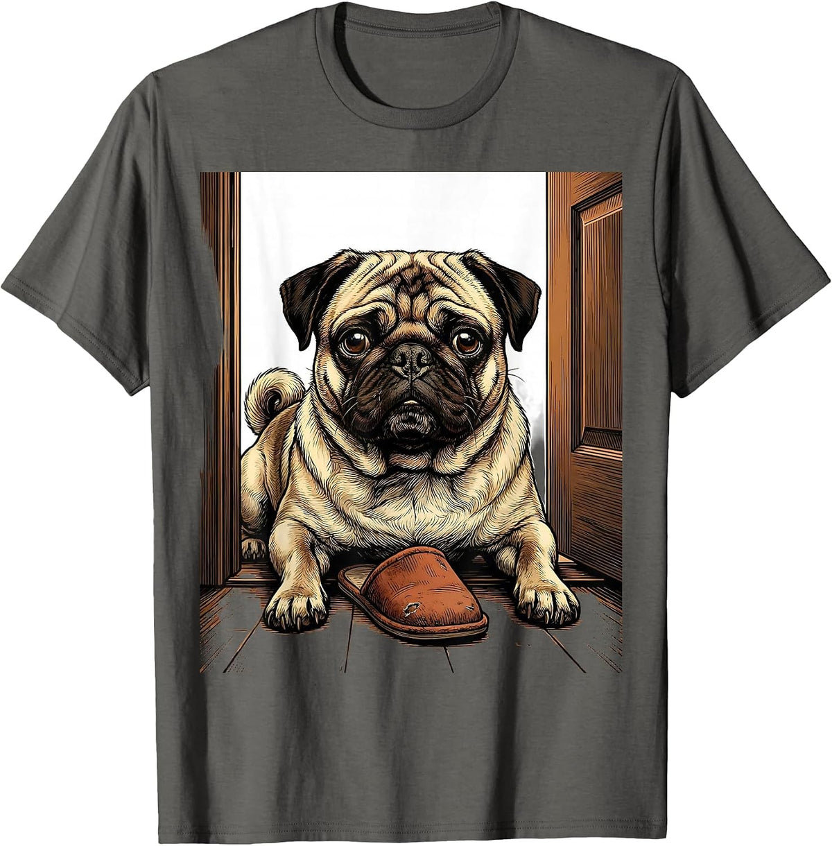 Men's Pug Doorway Sign Painter Showcase Funny Dog Lover Humor T-Shirt - Asphalt Grey
