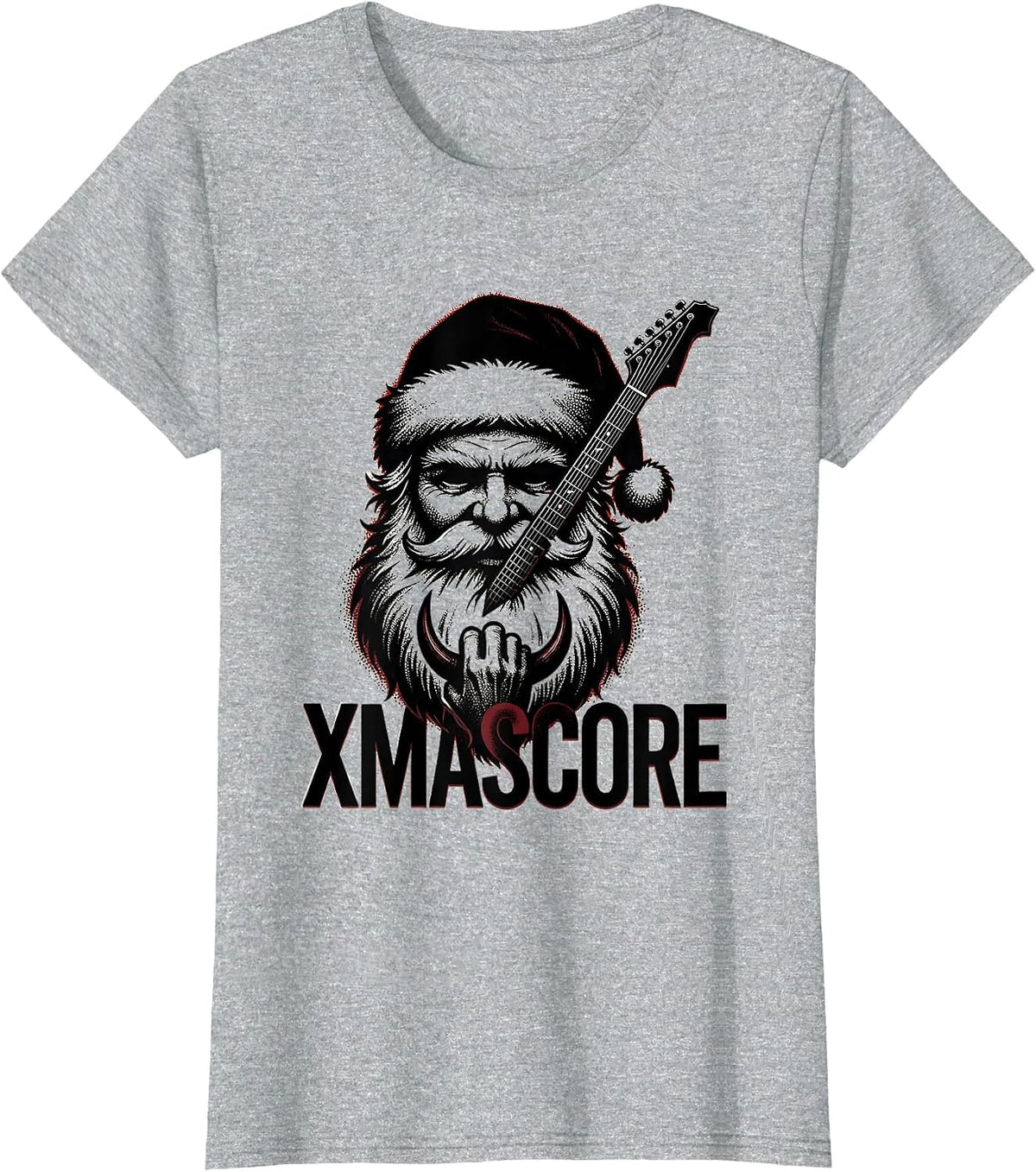 Women's Xmascore Blackwork Dotwork Rock Metal Santa Guitarist T-Shirt - Heather Grey