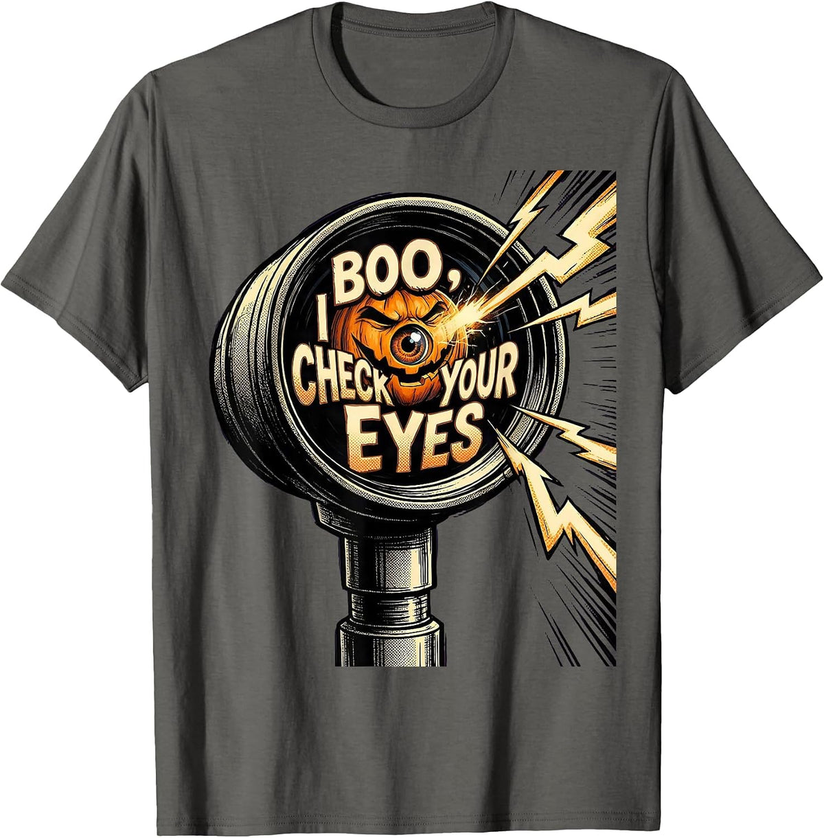 Boo I Check Your Eyes Comic Book Halloween Optometrist Eye T-Shirt - Asphalt Grey