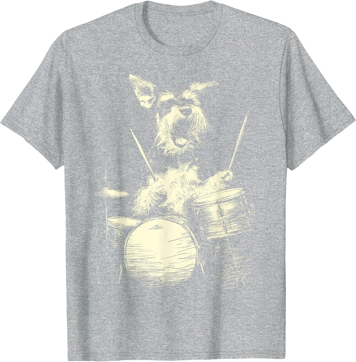 Cute Schnauzer Playing Drums Funny Music Dog Drummer Graphic T-Shirt - Heather Grey