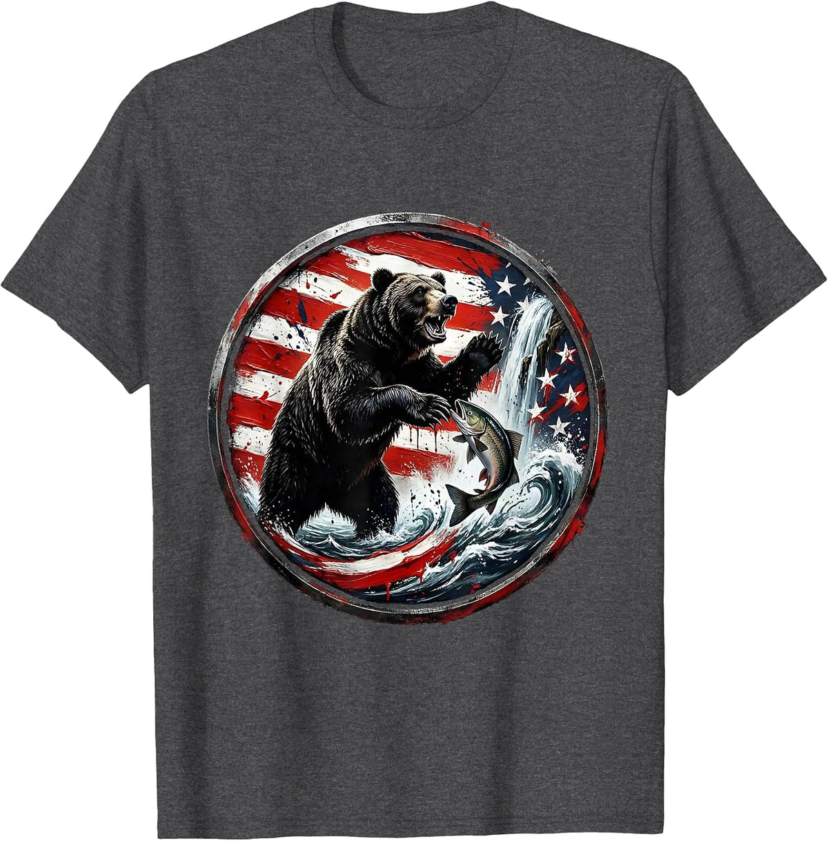 Men's Bear Catching Salmon in Rushing Waterfall T-Shirt - Dark Heather Grey