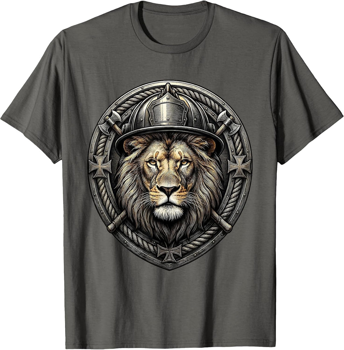 Lion Face Firefighter Helmet Graphic Design T-Shirt - Asphalt Grey