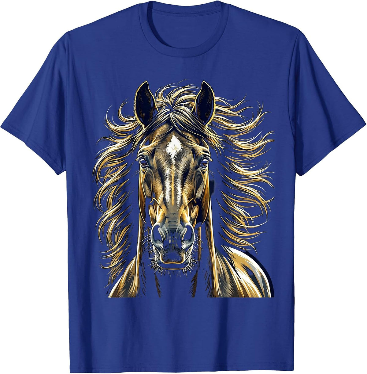 Horse Head Portrait Windswept Mane Equestrian Art T-Shirt - Royal Blue