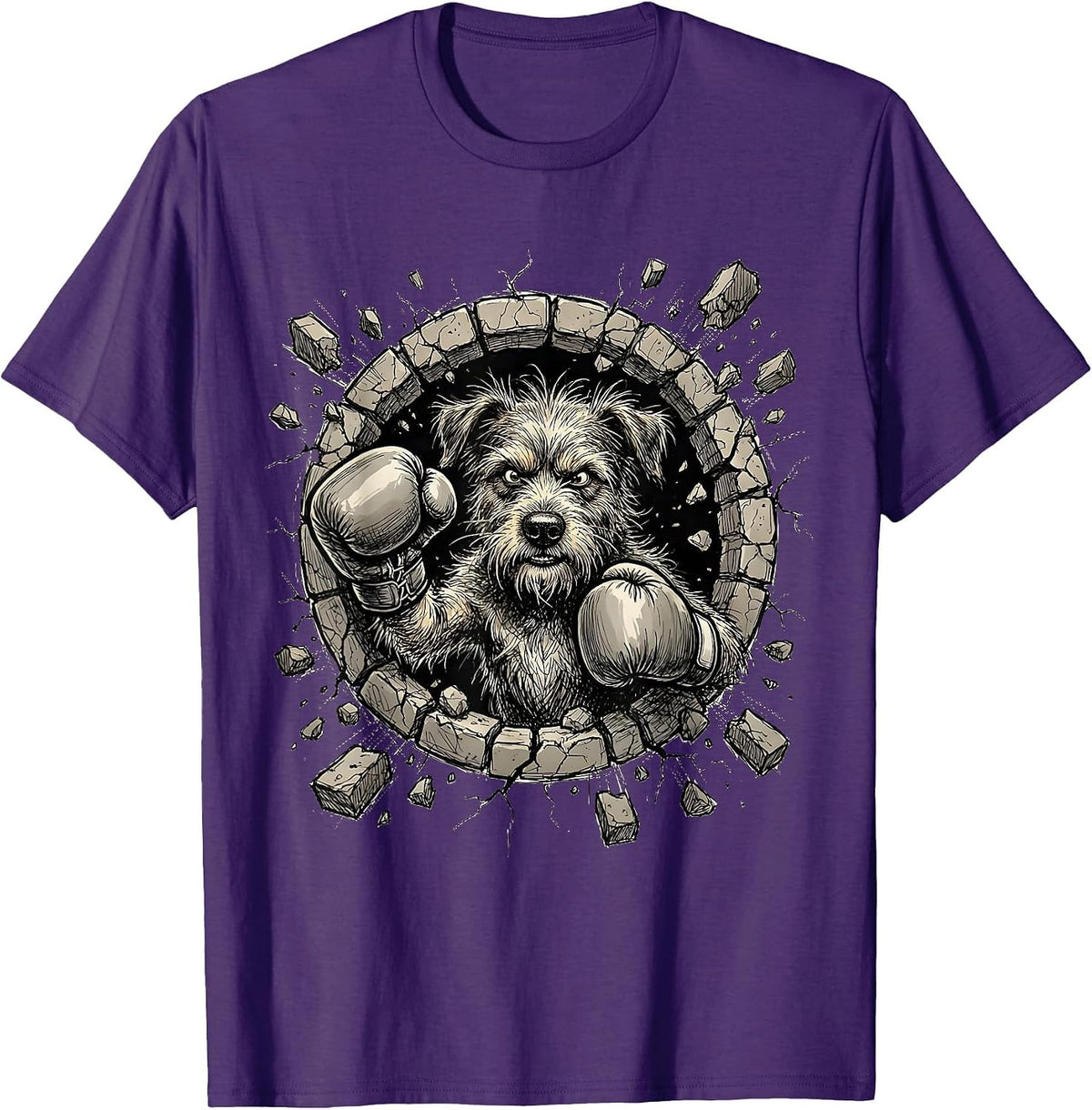 Crazy Dog Boxing Gloves Punching Through Wall T-Shirt - Purple