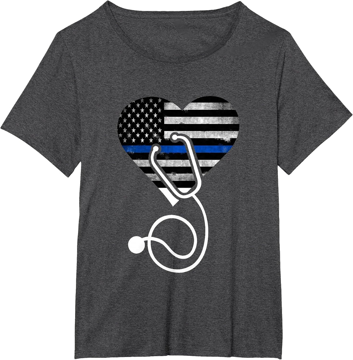 American Flag Heart with Police Thin Blue Line Nurse RN LVN T-Shirt - Dark Heather Grey