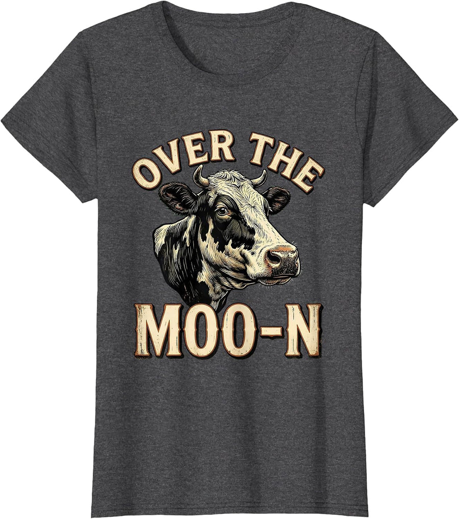 Women's Over The Moo-n Vintage Funny Cow Farmer Farm Animal Pun T-Shirt - Dark Heather Grey
