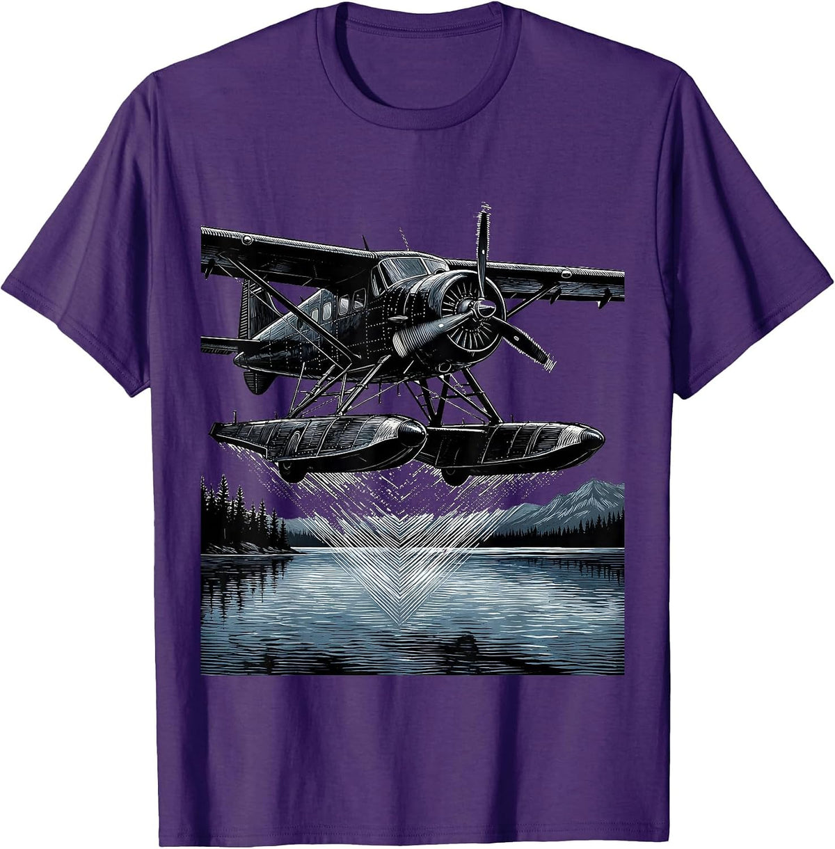 Alaska Float Plane Glassy Lake Landing Illustration T-Shirt - Purple