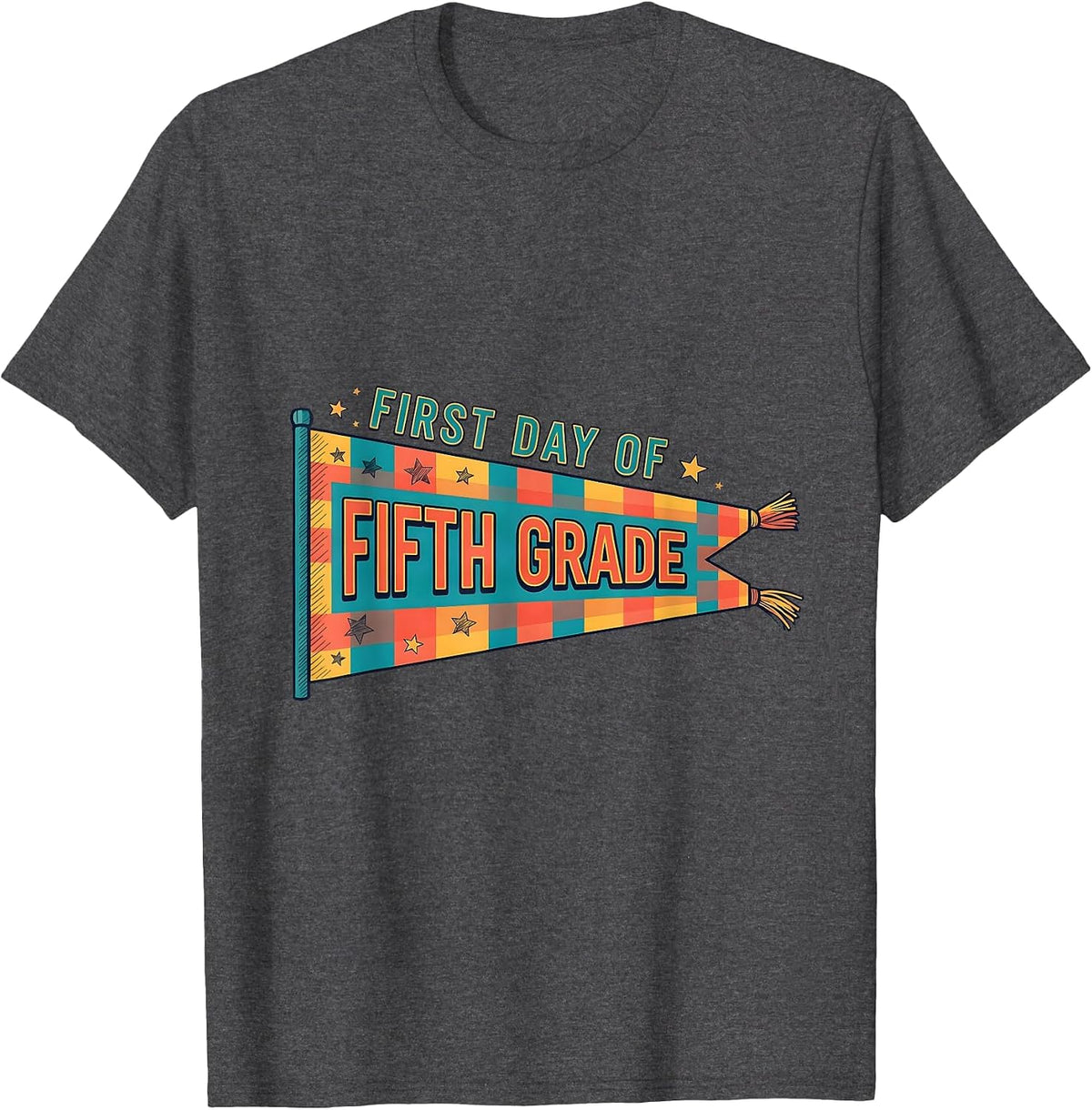 Men's First Day of Fifth Grade Cheerful Back to School Pennant T-Shirt - Dark Heather Grey