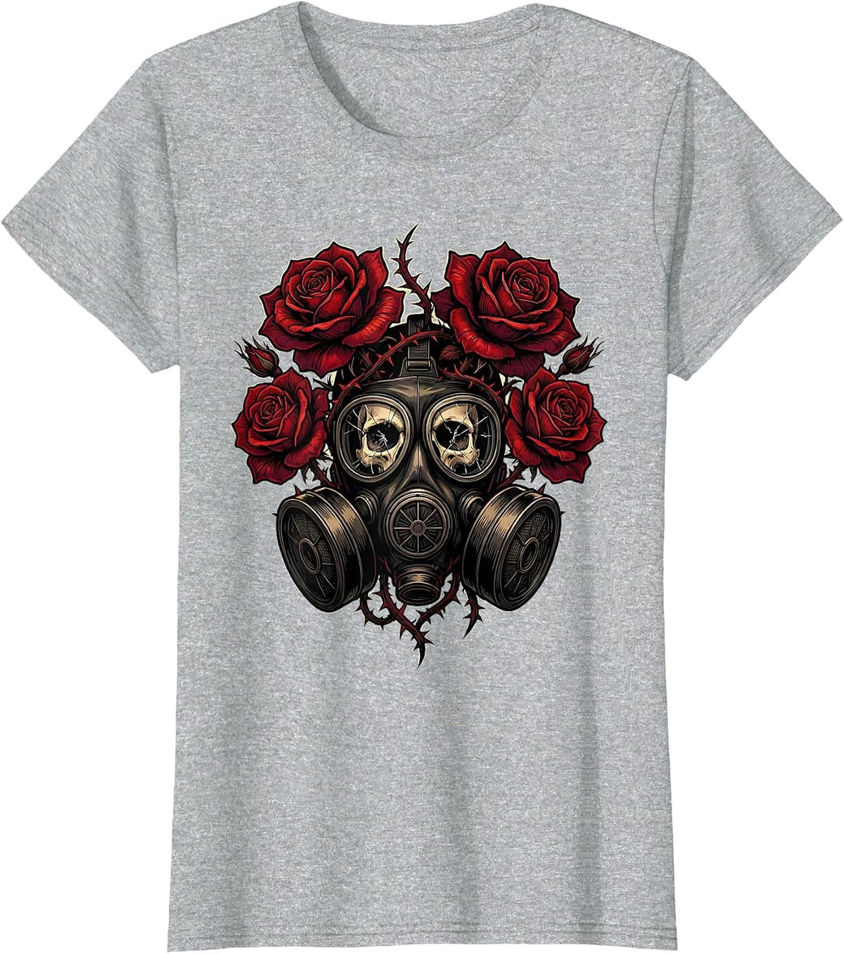 Women's Grunge Gas Mask Floral Growth Illustration T-Shirt - Heather Grey
