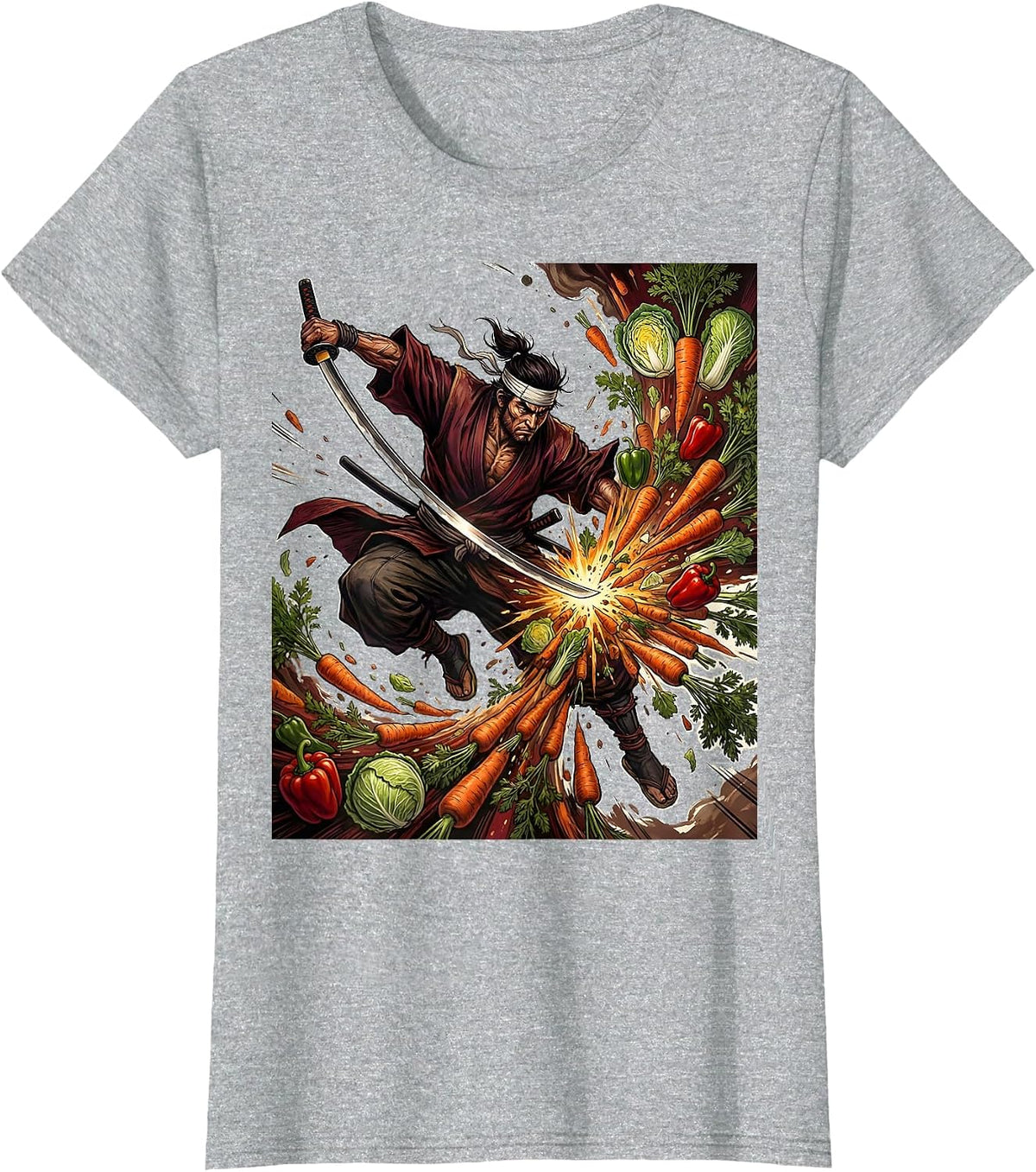 Samurai Chef Warrior Slicing Vegetables Art T-Shirt - Heather Grey