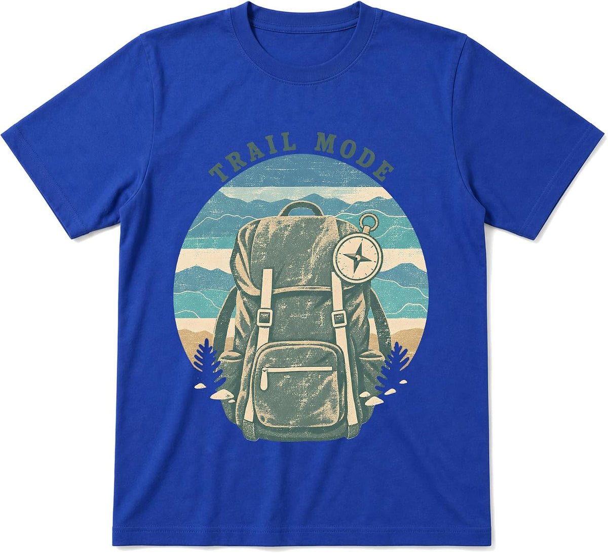 Retro Camping T-Shirt, Hiking Backpack and Compass Graphic - Royal Blue