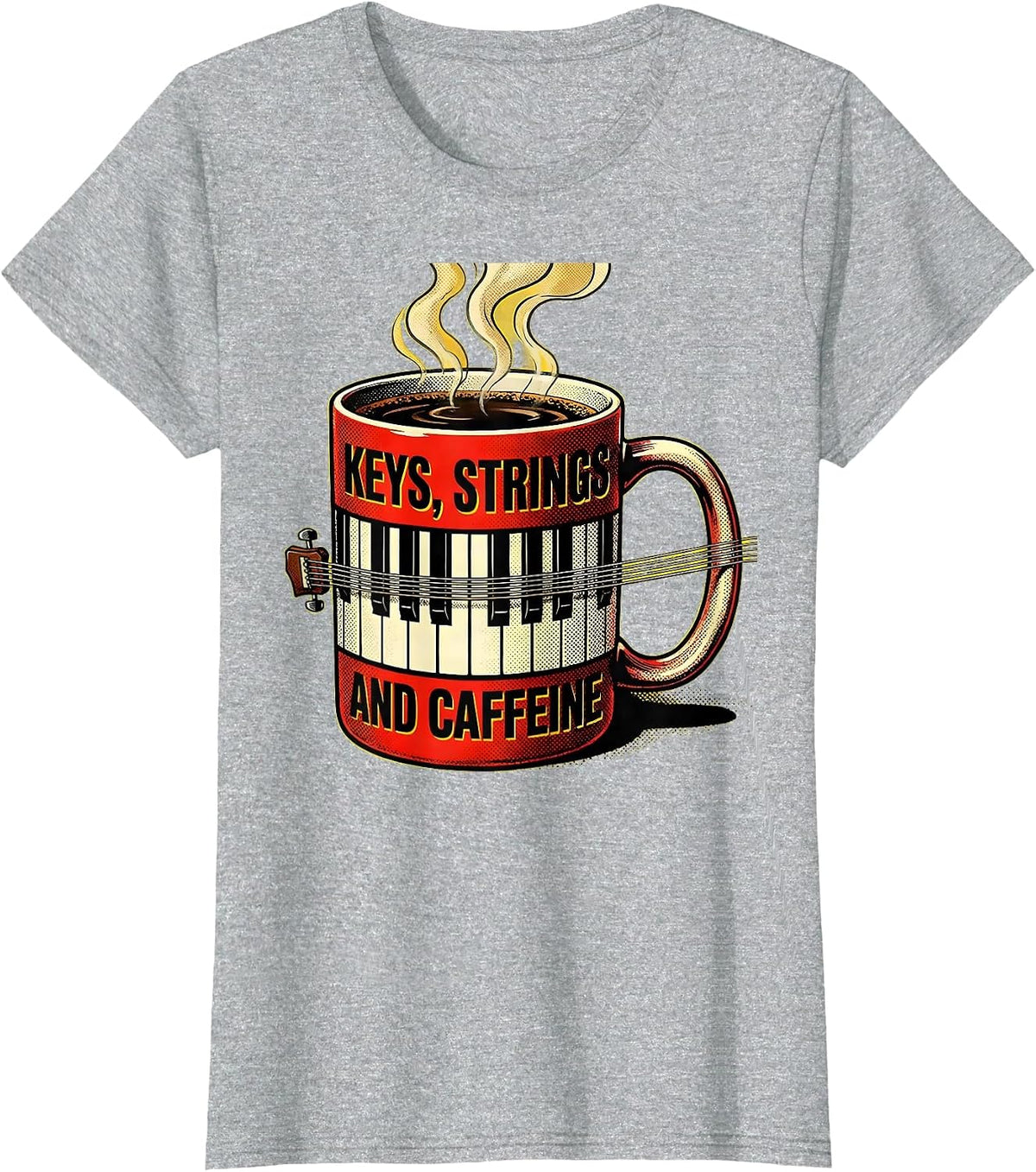 Women's Keys, Strings, and Caffeine Music Teacher Design T-Shirt - Heather Grey