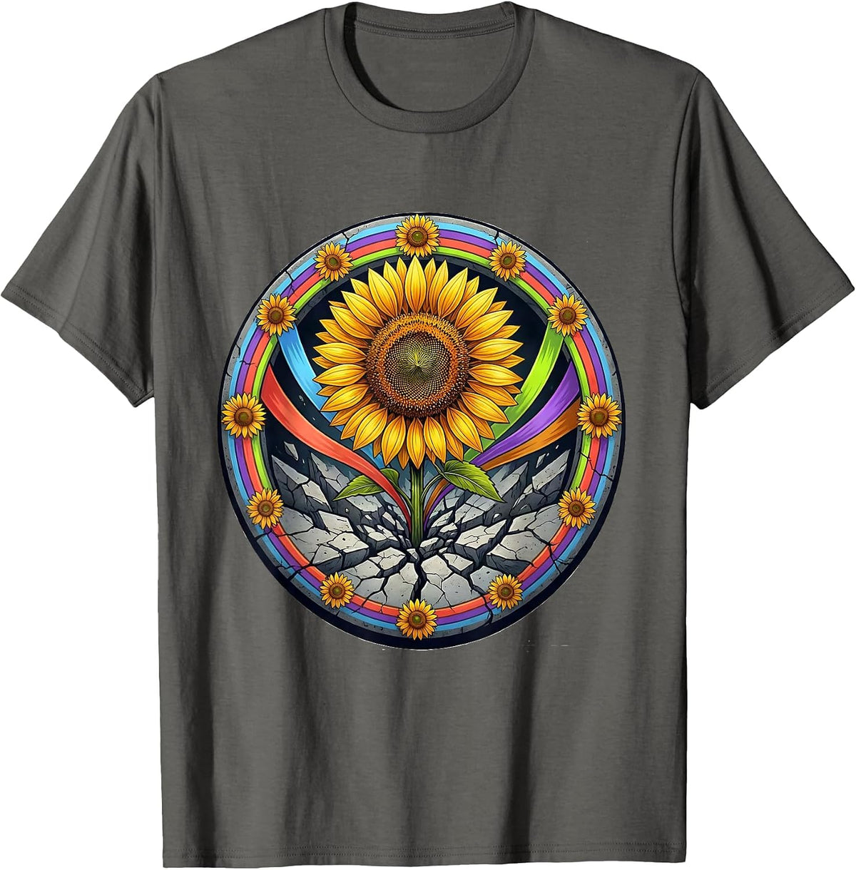 Down Syndrome Awareness Sunflower Concrete Art T-Shirt - Asphalt Grey