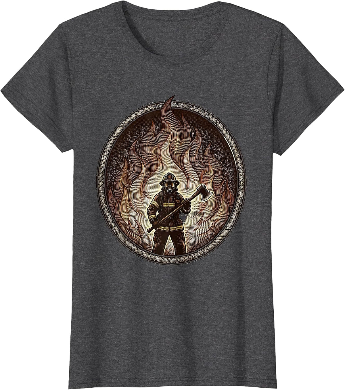 Women's Firefighter Silhouette Against Wall of Flames T-Shirt - Dark Heather Grey