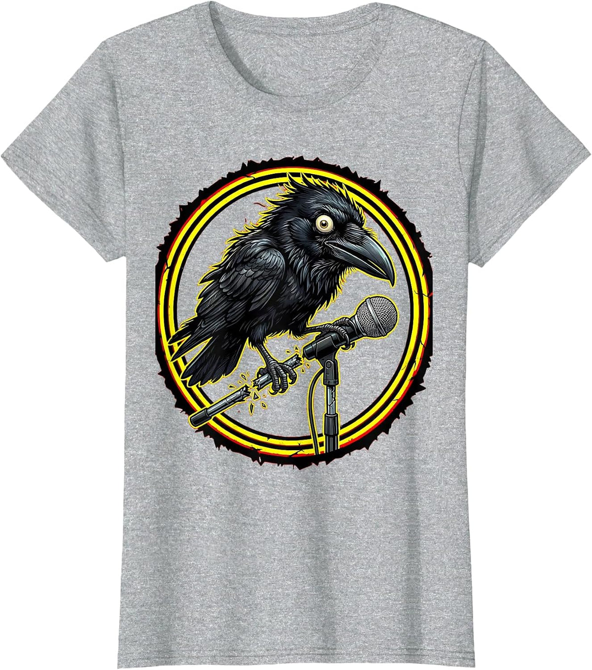 Crow on Broken Mic Stand Punk Rock Graphic T-Shirt - Heather Grey