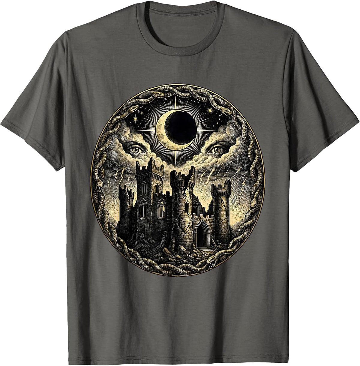Men's Crumbling Castle Blood Red Storm Heavy Metal Art T-Shirt - Asphalt Grey