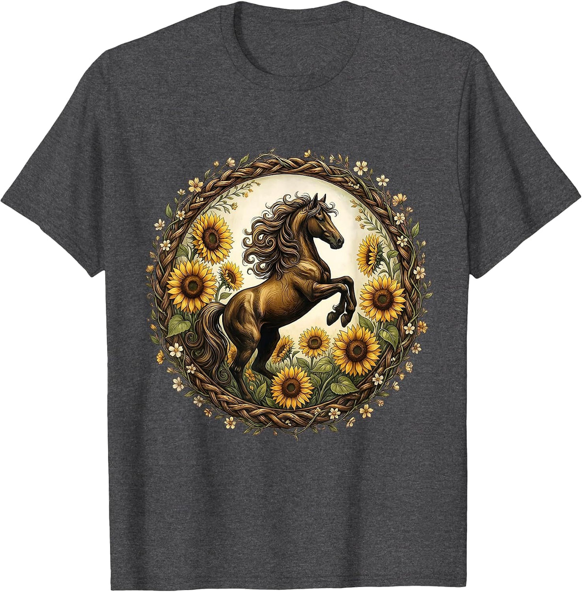 Floral Derby Rearing Stallion Sunflower Design T-Shirt - Dark Heather Grey