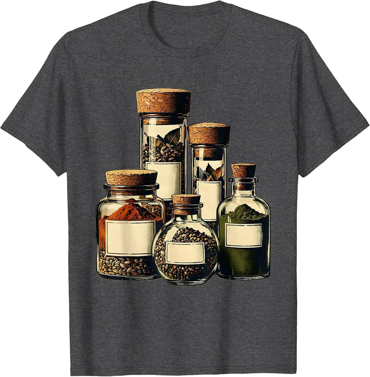 Men's Hand-Drawn Spice Bottles Row Chef Graphic T-Shirt - Dark Heather Grey