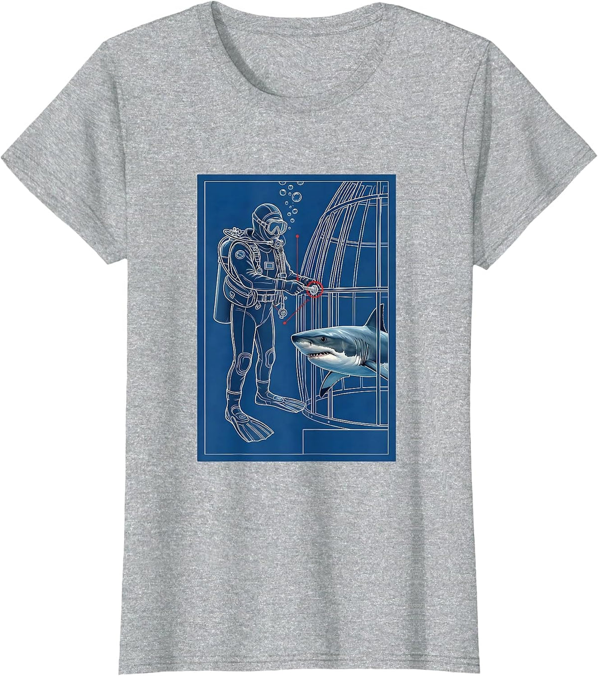Diver Shark Cage Technical Blueprint Scuba Diving Gift T-Shirt - Heather Grey