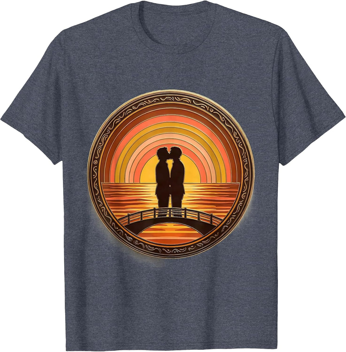Two Silhouettes Kissing on Bridge Gay Pride Design T-Shirt - Heather Blue