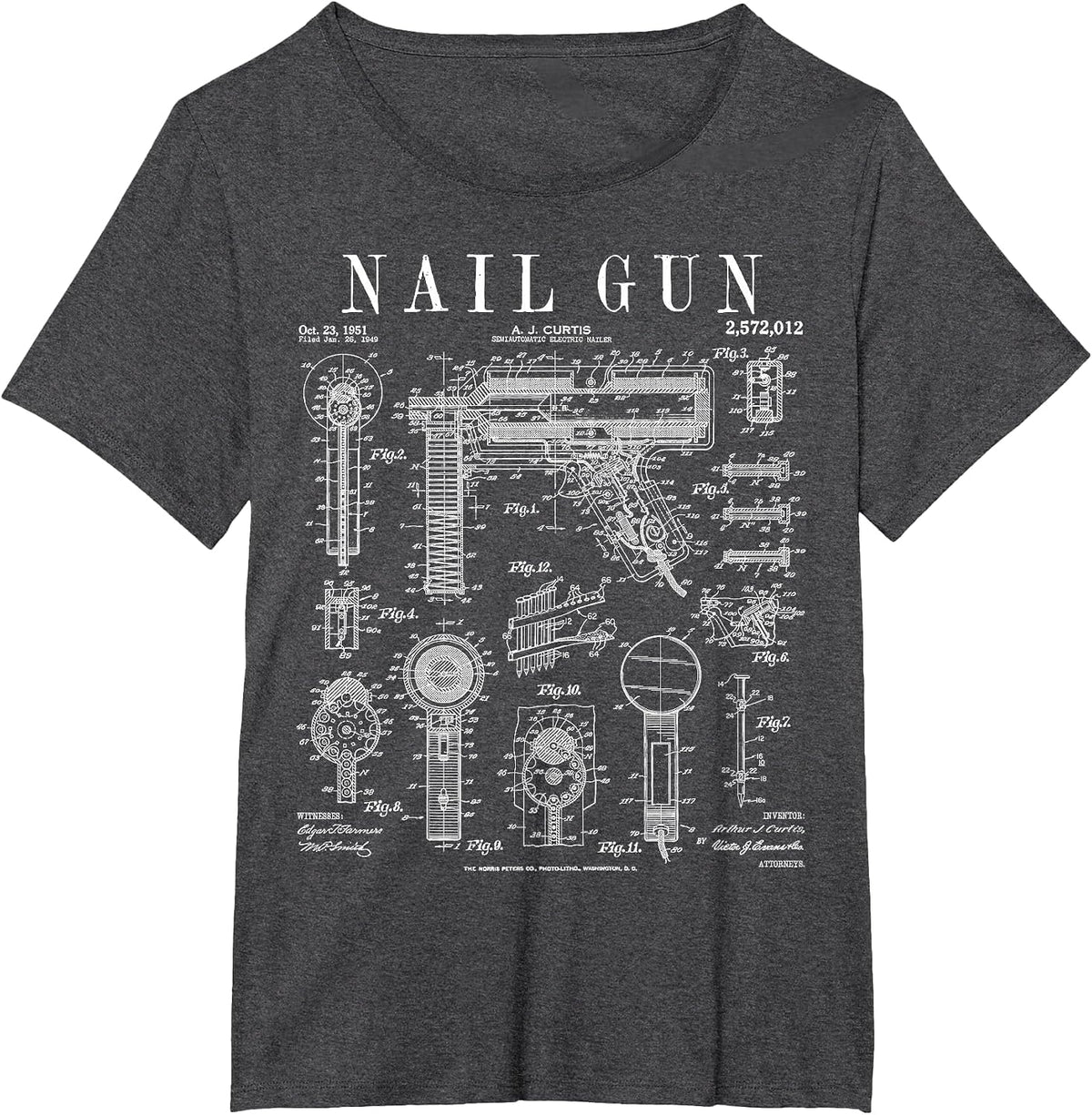 Carpenter Builder Construction Nail Gun Vintage Patent T-Shirt - Dark Heather Grey