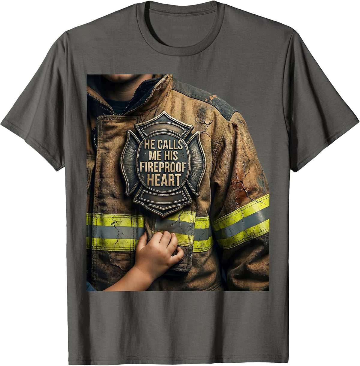 He Calls Me His Fireproof Heart Distressed Firefighter T-Shirt - Asphalt Grey