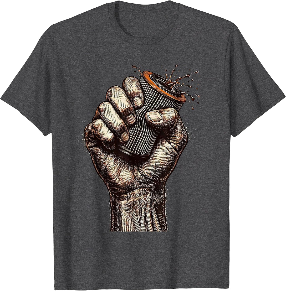 Crushed Oil Filter Iron Grip Mechanic Graphic T-Shirt - Dark Heather Grey