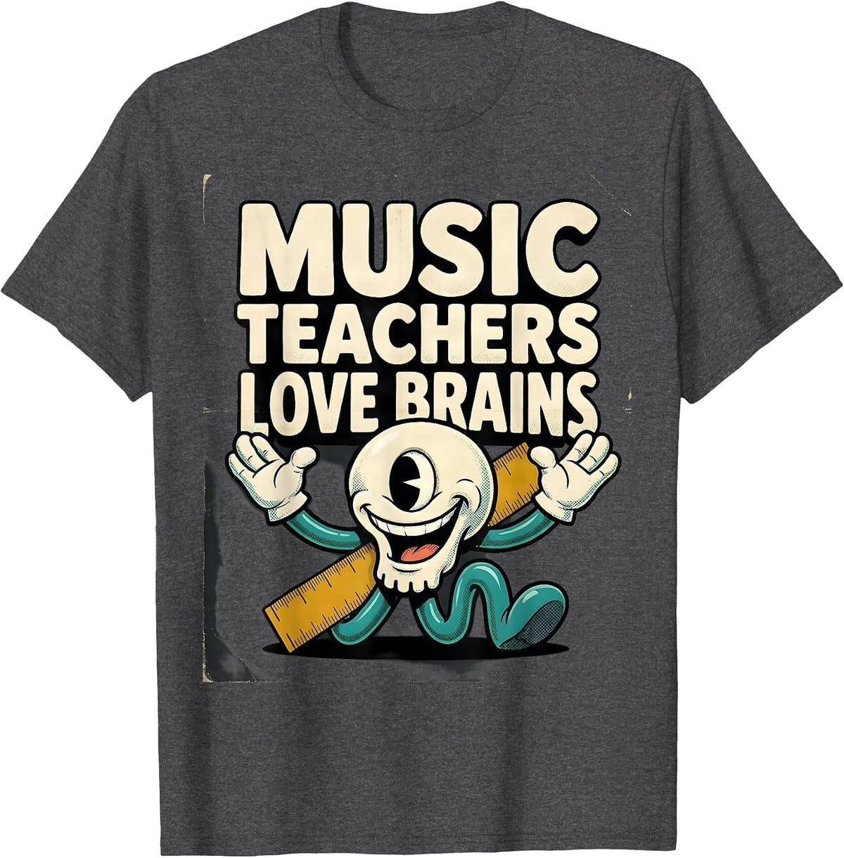 Men's Music Teachers Love Brains Retro Cartoon Teacher Halloween T-Shirt - Dark Heather Grey