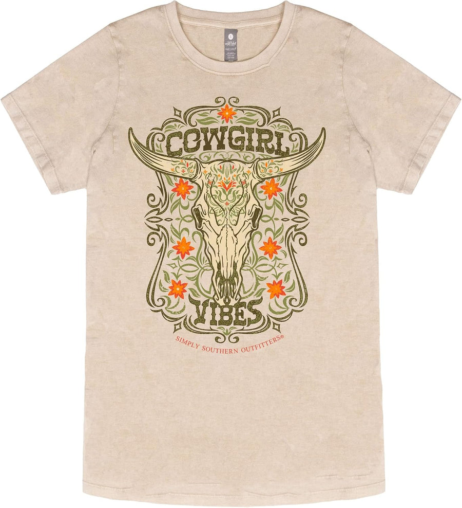 Simply Southern Cowgirl Vibes, Western Floral, Bull Skull, Adult T-Shirt - Cream
