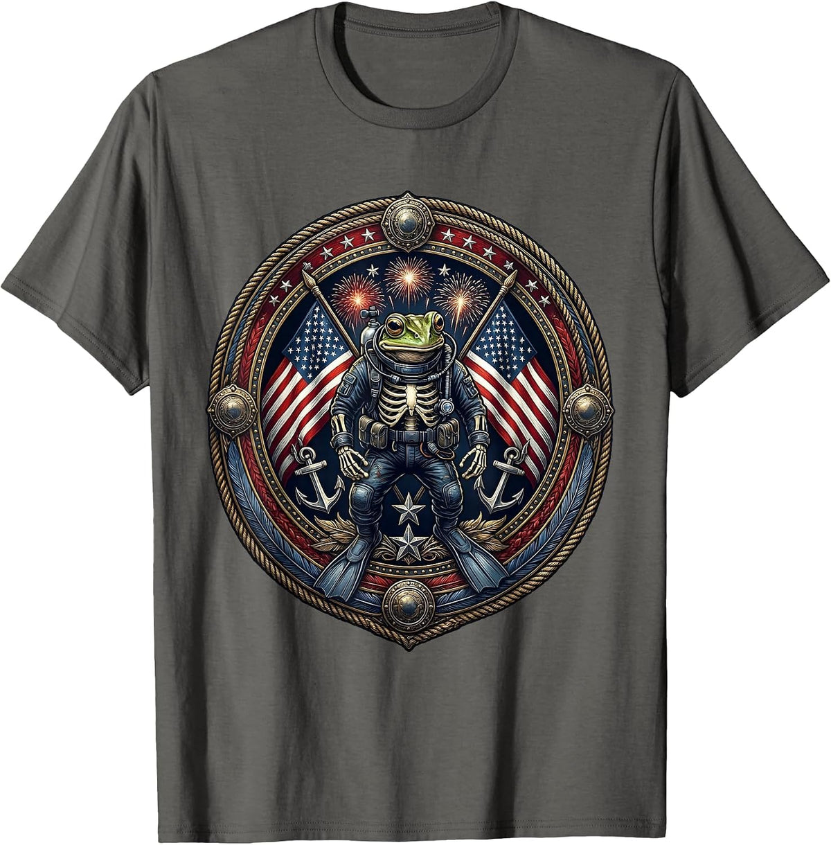 Frog Skeleton Scuba Diver Underwater Graphic T-Shirt - Asphalt Grey