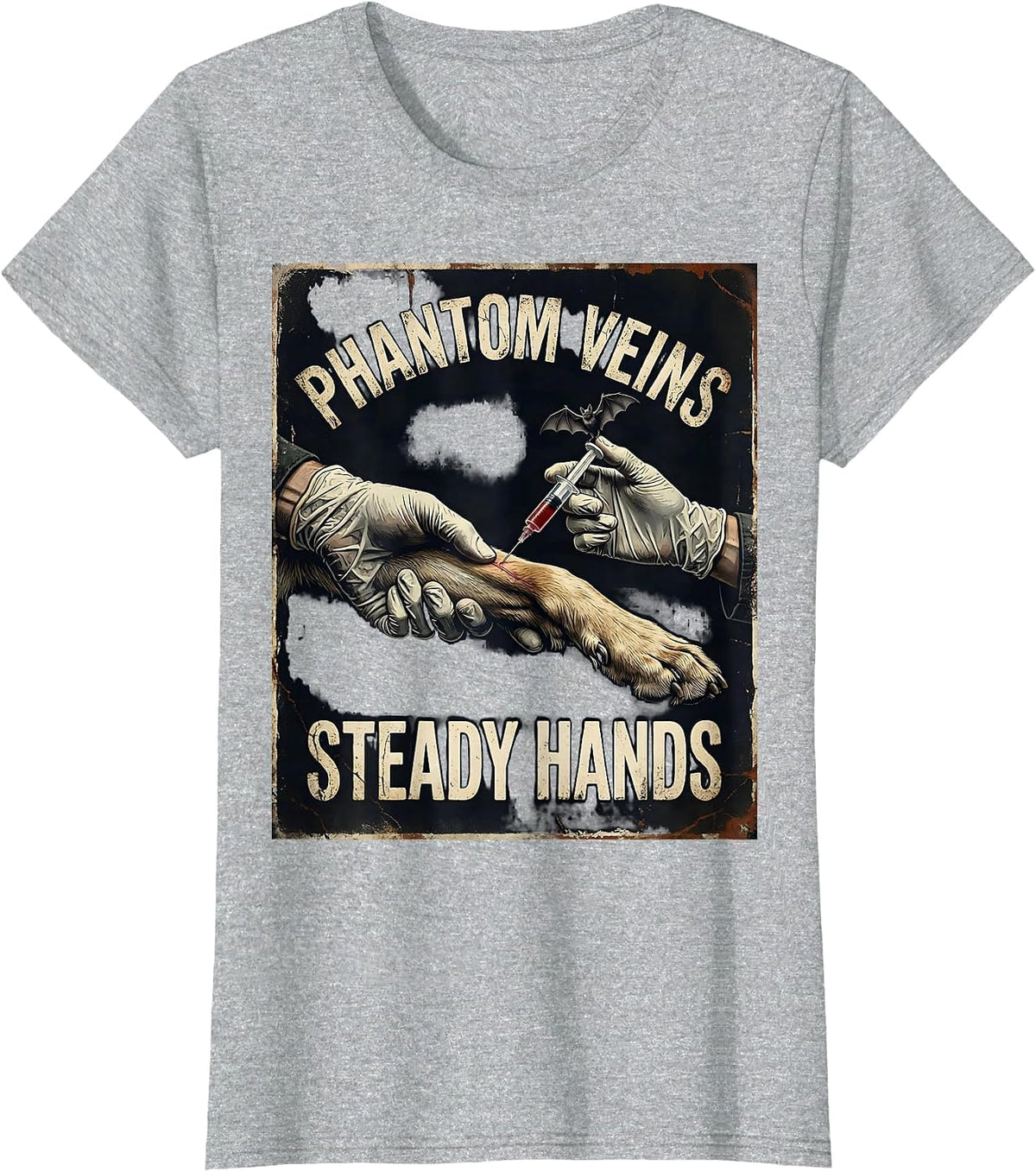 Women's Phantom Veins Steady Hands Distressed Vet Tech Halloween T-Shirt - Heather Grey