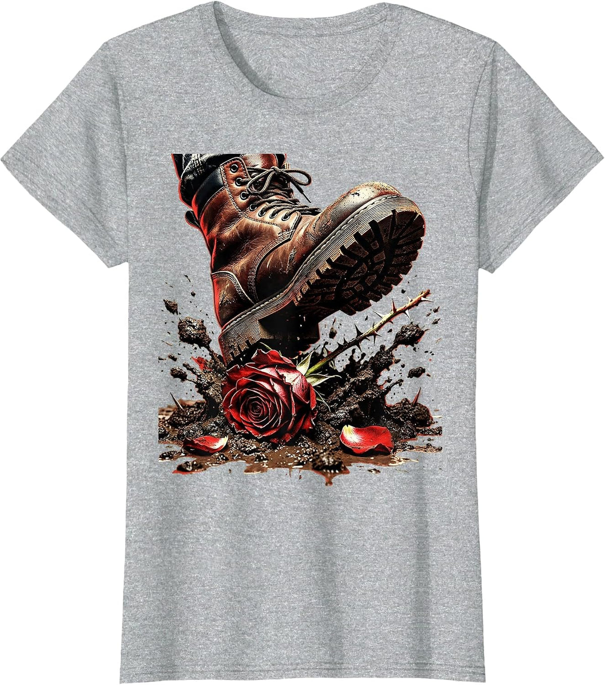 Punk Boot Stomping Rose in Mud Graphic T-Shirt - Heather Grey