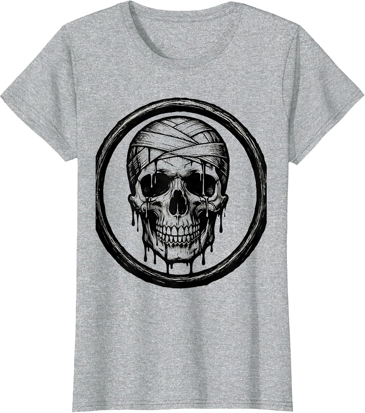 Smiling Skull Bandaged Dripping Wounds Graphic T-Shirt - Heather Grey