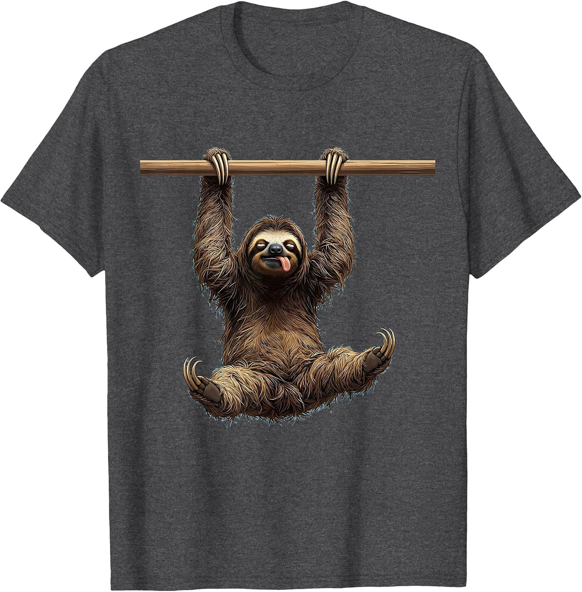 Exhausted Sloth Pull-Up Bar Funny Workout Graphic T-Shirt - Dark Heather Grey