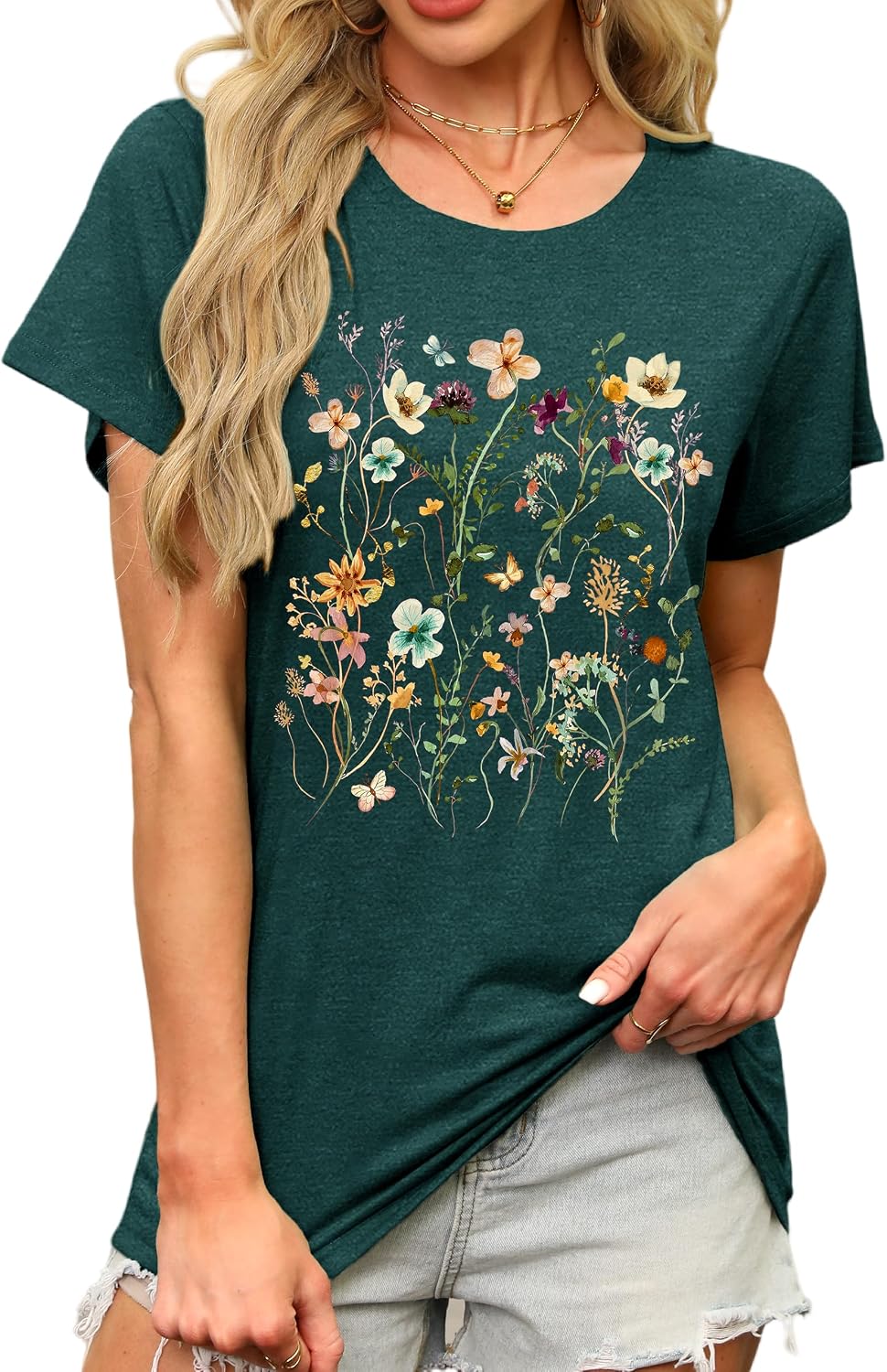 Women's Floral Graphic Tees Short Sleeve Casual T-Shirts Boho Style Tops - Dark Green