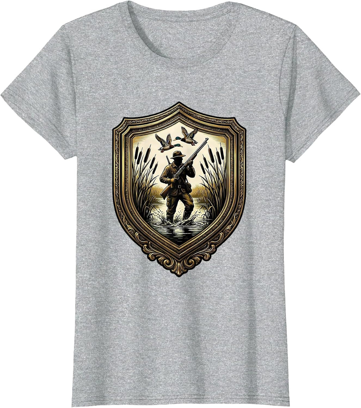 Camo Waterfowl Hunter Wading Through Marsh T-Shirt - Heather Grey