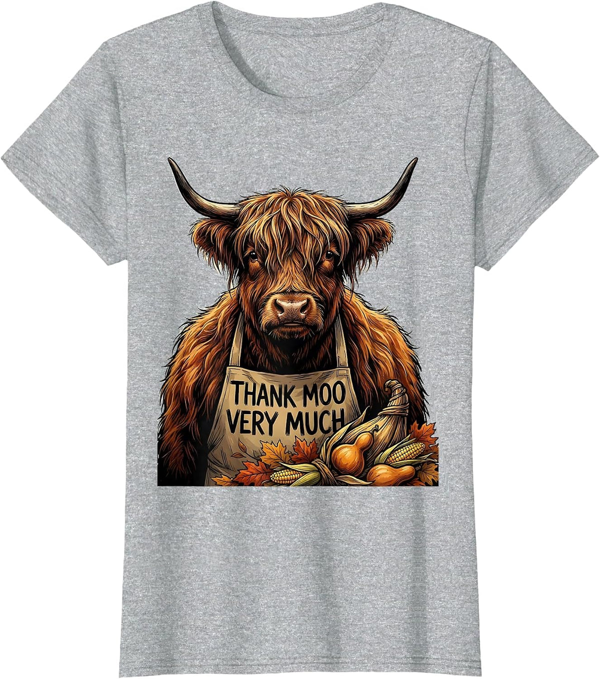 Thank Moo Very Much Cartoon Highland Cow Fall Halloween T-Shirt - Heather Grey
