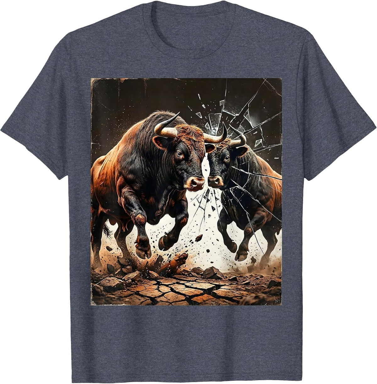 Bull Charging Its Reflection Graphic Design T-Shirt - Heather Blue