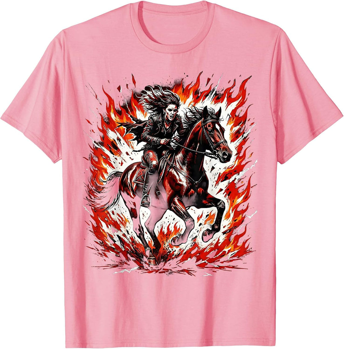 Rider Through Fire Galloping Horse Illustration T-Shirt - Pink