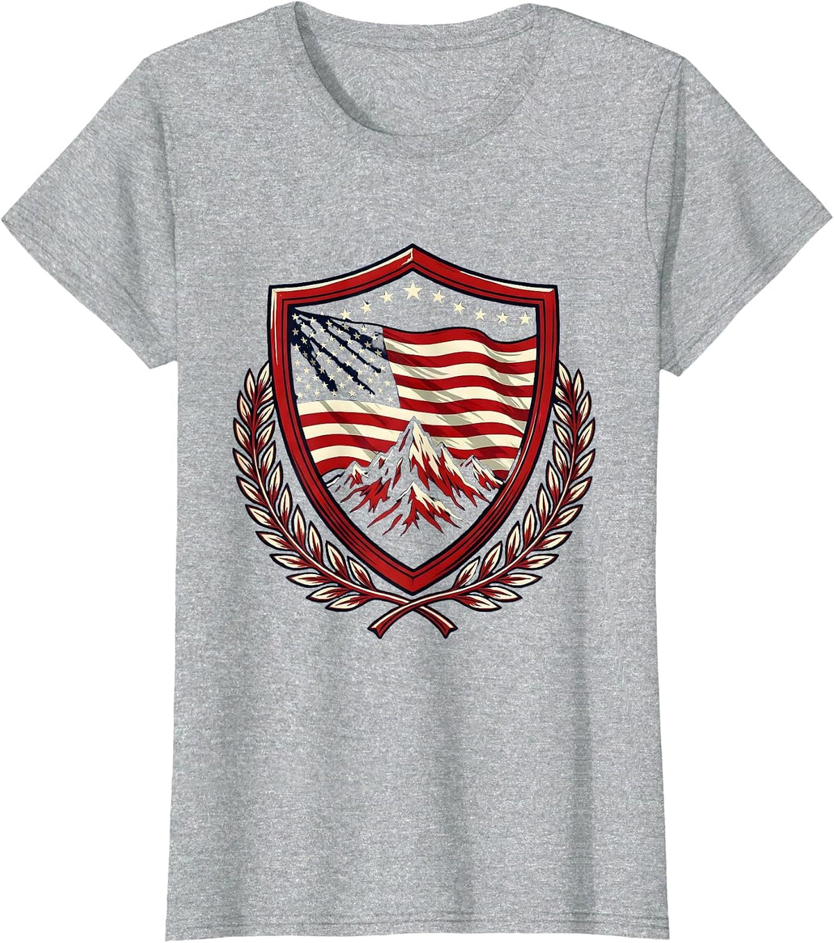 Stars and Stripes Mountain Flag Patriotic Design T-Shirt - Heather Grey