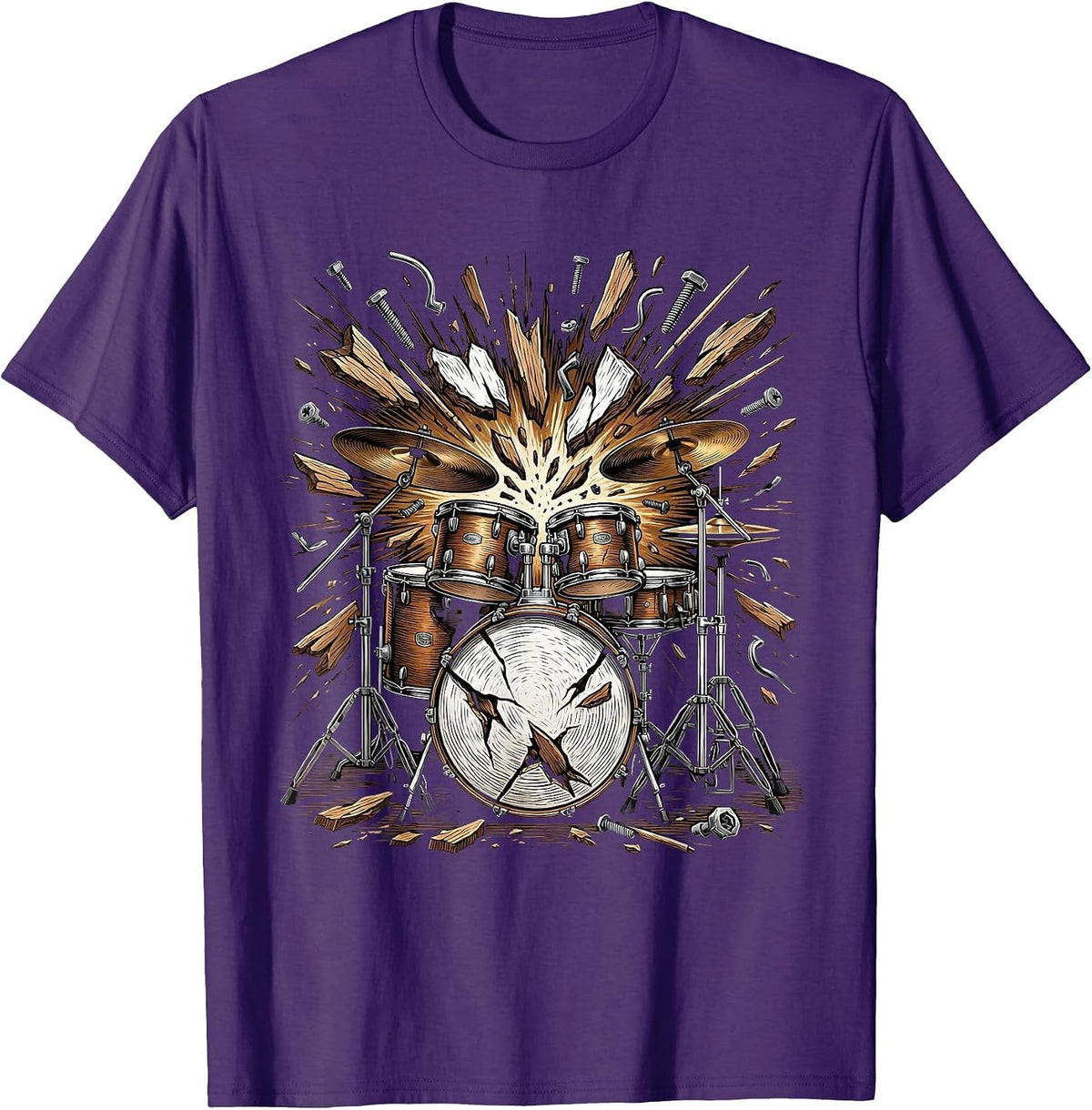 Men's Exploding Drum Kit Shattering Percussion Art T-Shirt - Purple