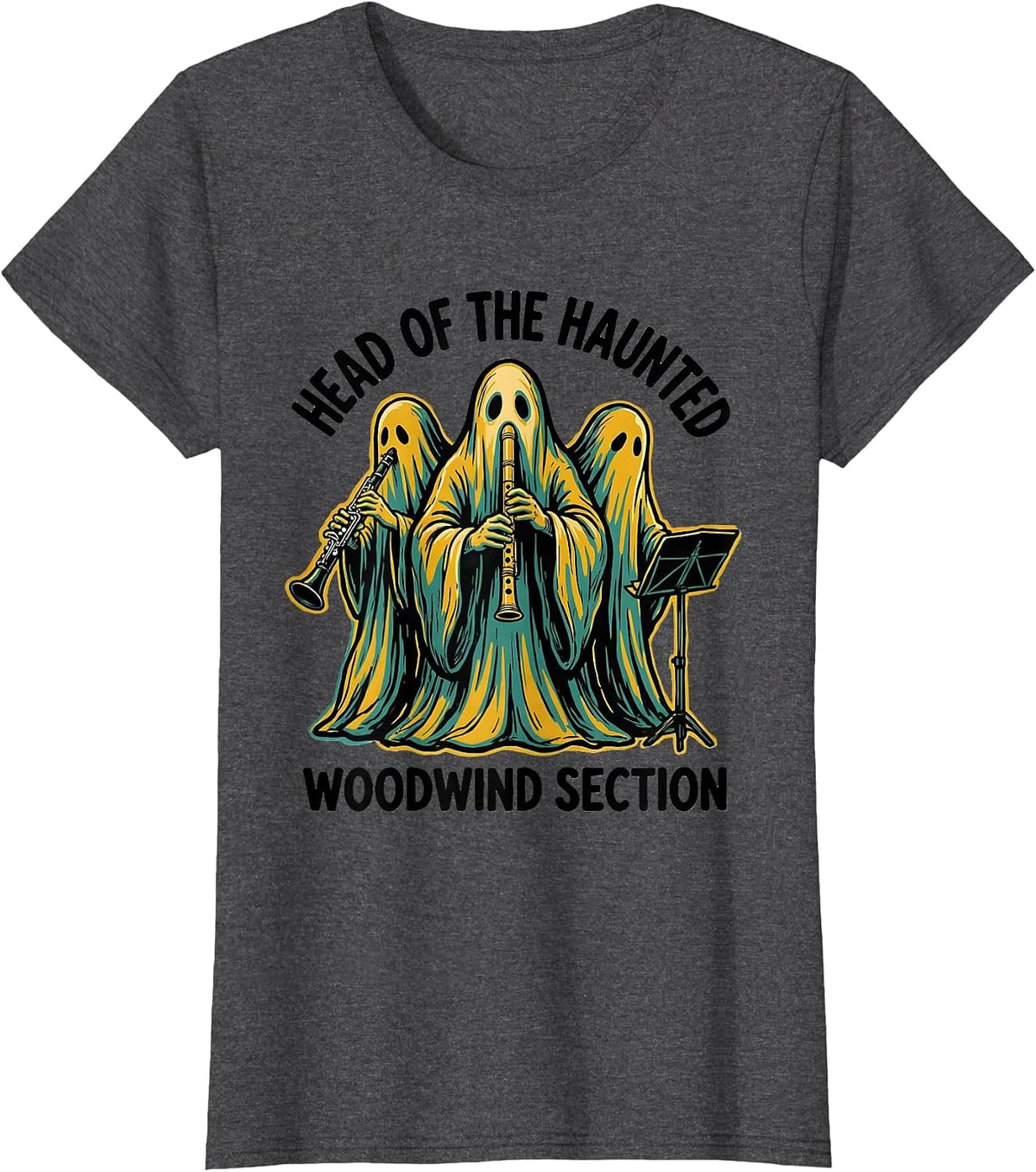 Women's Head of the Haunted Woodwind Section Whimsical Music Teacher T-Shirt - Dark Heather Grey