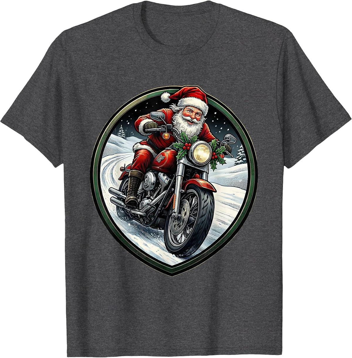 Men's Cheerful Santa Biker Motorcycle Rider Emblem Ugly Christmas T-Shirt - Dark Heather Grey