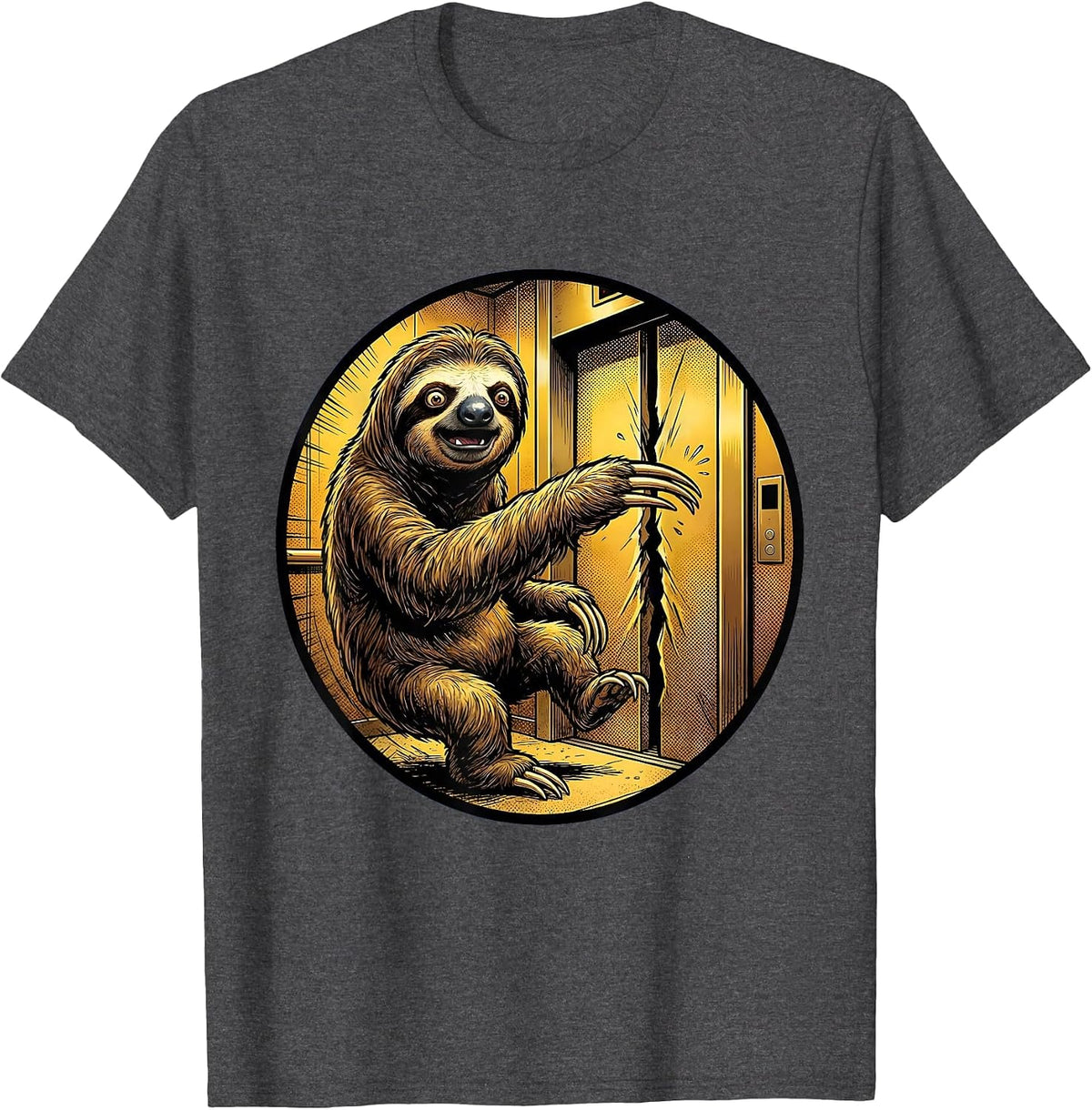 Funny Sloth Missing Elevator by One Second T-Shirt - Dark Heather Grey
