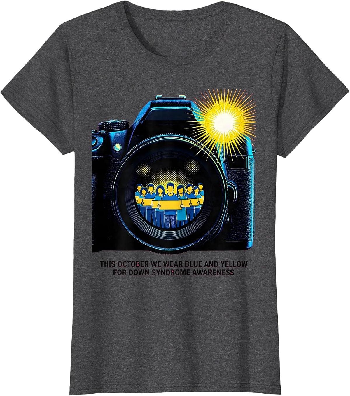Women's This October We Wear Blue And Yellow Down Syndrome Awareness T-Shirt - Dark Heather Grey