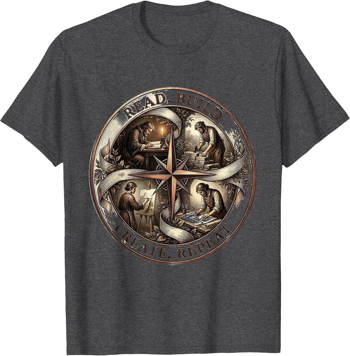 Men's Read Build Create Repeat Renaissance Men Design T-Shirt - Dark Heather Grey