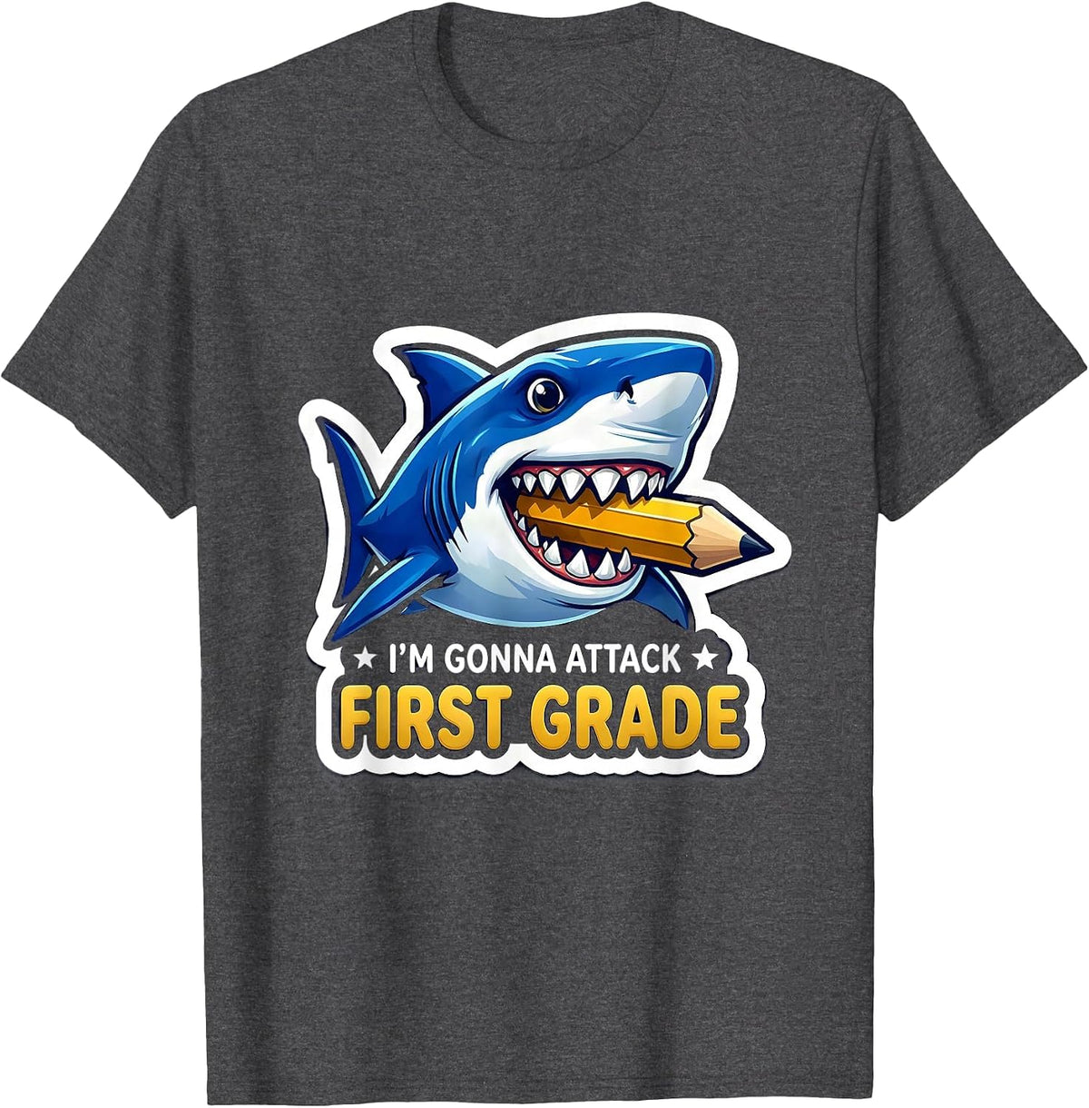 Men's I'm Gonna Attack First Grade Funny Shark Boys Back to School T-Shirt - Dark Heather Grey