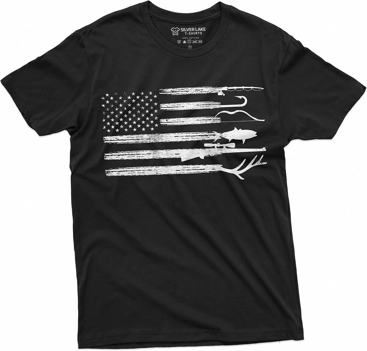 Men's Hunting Fishing Shirt USA Flag Nature Camo Shirt Father Gift Ideas Patriotic Tee - Black